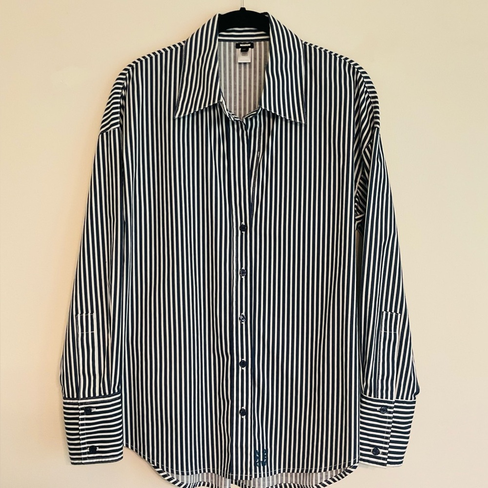Monrow Oxford Shirt~Blue & White Stripe~Stretch Poplin~XS~Boyfriend Fit~NWOT